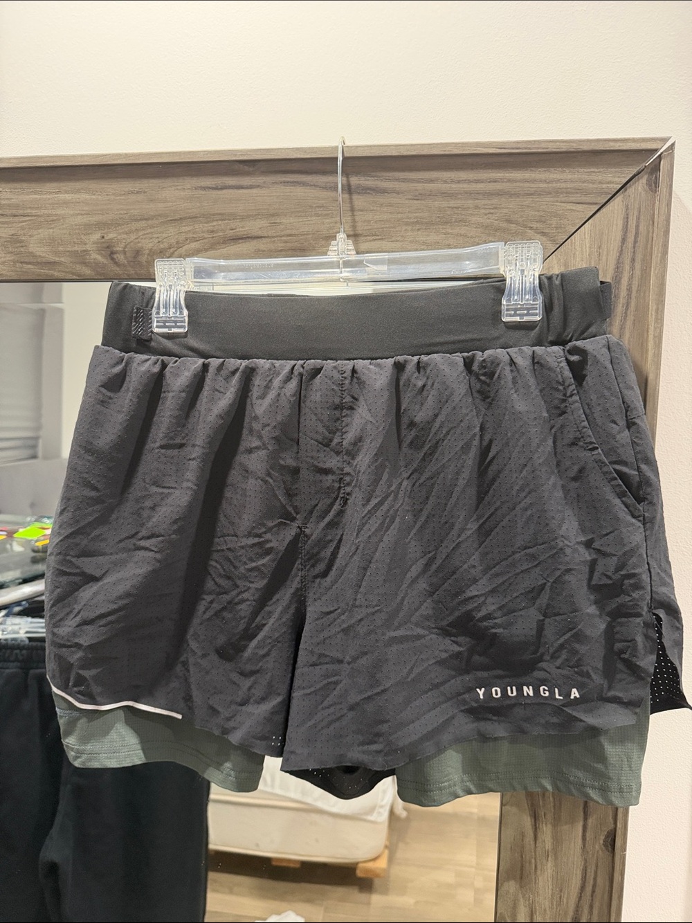 YoungLA Black Athletic Dual-Layer Running Shorts with Olive Undershorts